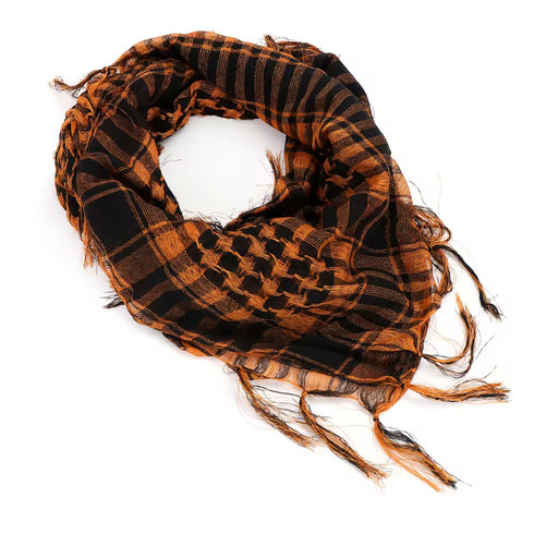 orange keffiyeh scarf with traditional Palestinian checkered pattern